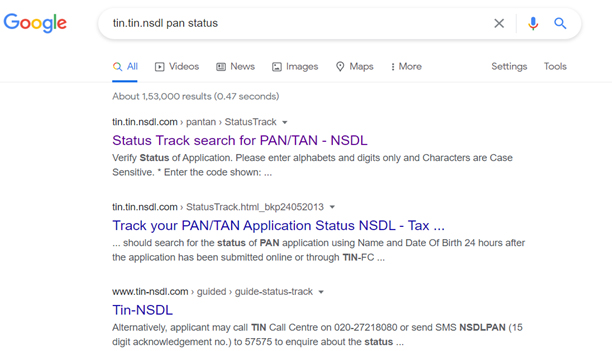 Type “tin.tin.nsdl pan status” in your web browser.
