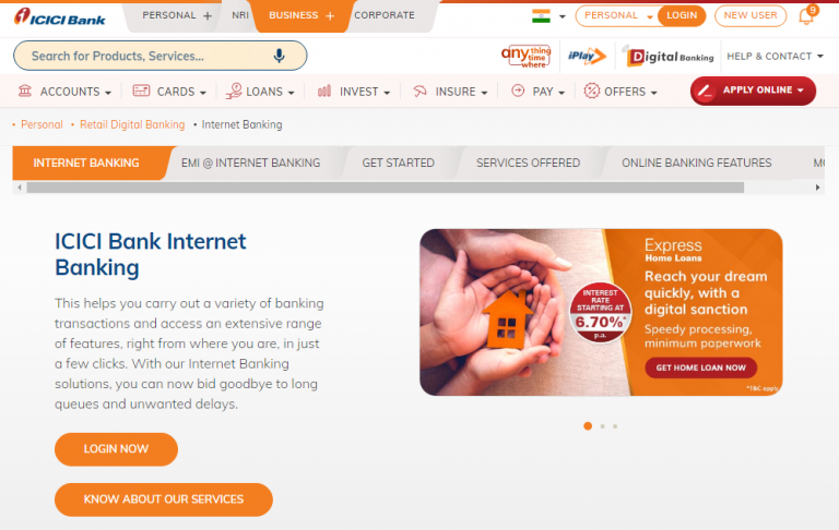 ICICI Bank Net Banking or Online Banking Functions